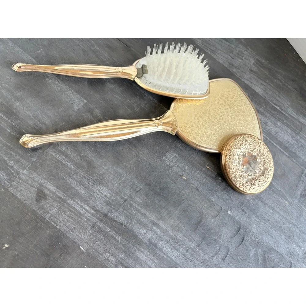 Vintage Gold Tone Floral Vanity Set Hand Mirror Hairbrush Compact 3 Piece Set